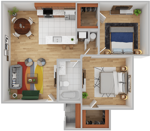 a bedroom floor plan with a bathroom and a living room